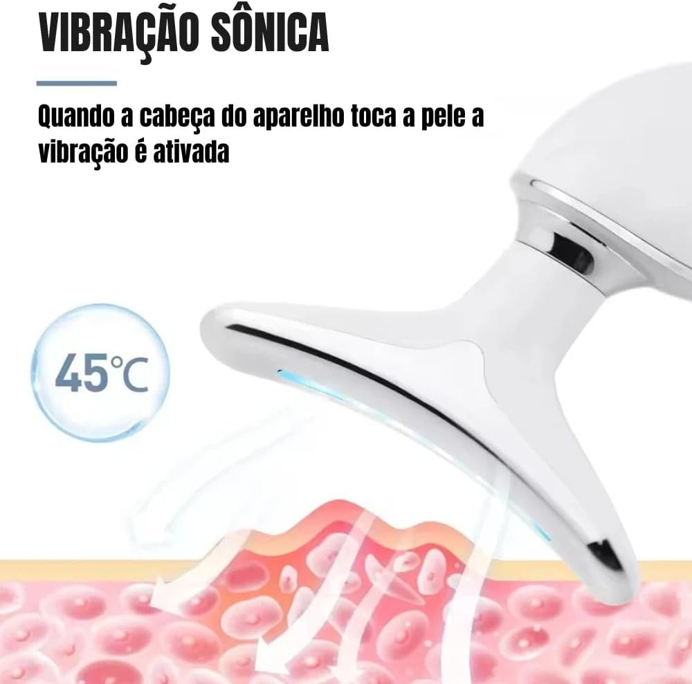 Massageador Facial LED 3 Modos, Aparelho Anti-Rugas para Rosto e Pescoço, Tratamento Estético Vibratório com Luz LED Para Elevação da Pele Lifting Bivolt Recarregável (Preto).