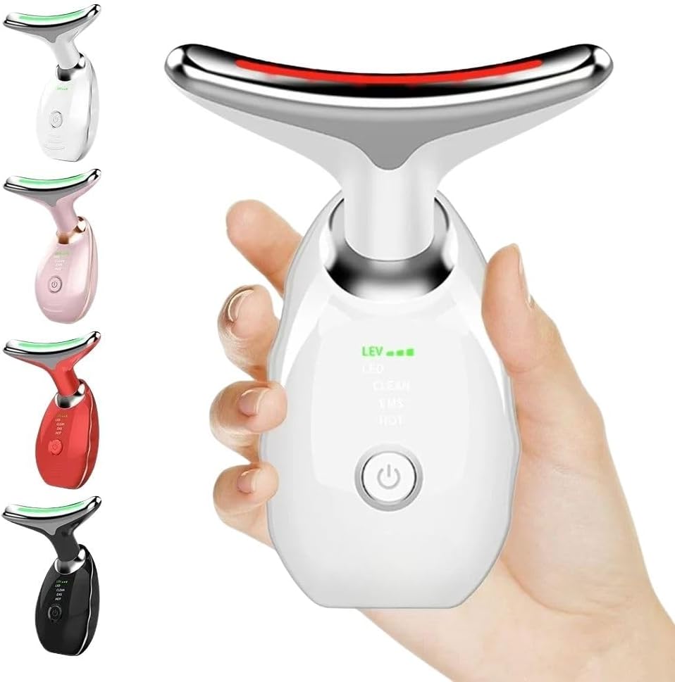 Massageador Facial LED 3 Modos, Aparelho Anti-Rugas para Rosto e Pescoço, Tratamento Estético Vibratório com Luz LED Para Elevação da Pele Lifting Bivolt Recarregável (Preto).