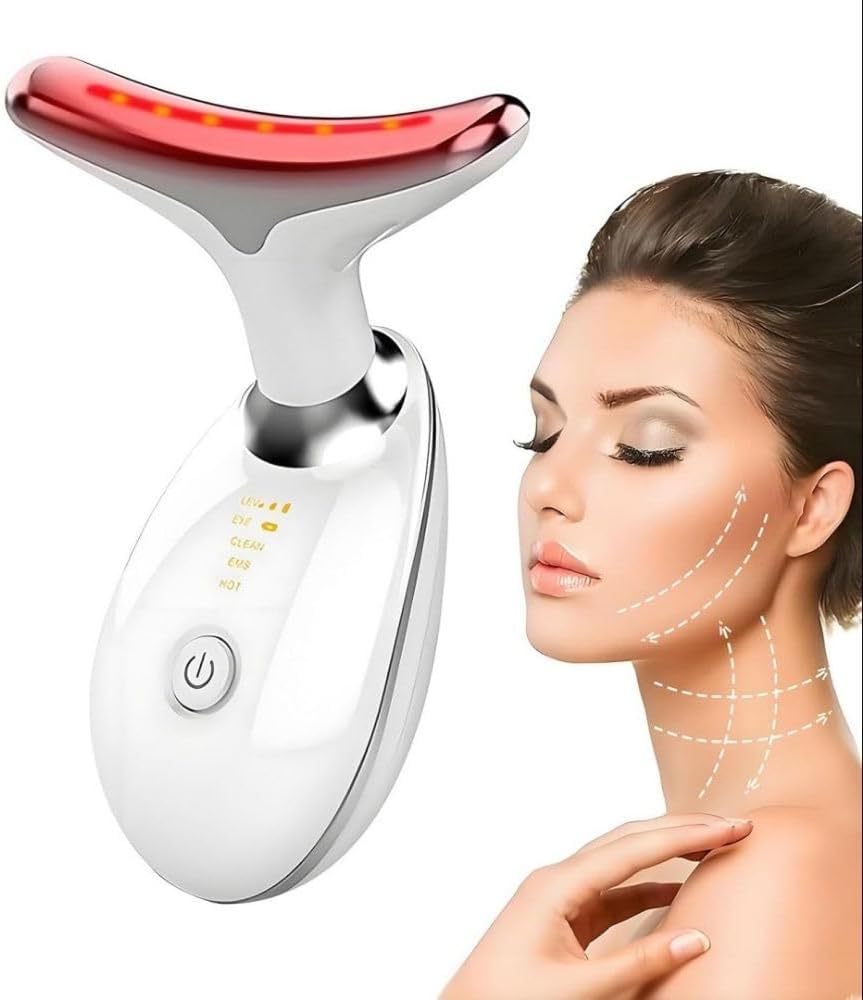 Massageador Facial LED 3 Modos, Aparelho Anti-Rugas para Rosto e Pescoço, Tratamento Estético Vibratório com Luz LED Para Elevação da Pele Lifting Bivolt Recarregável (Preto).