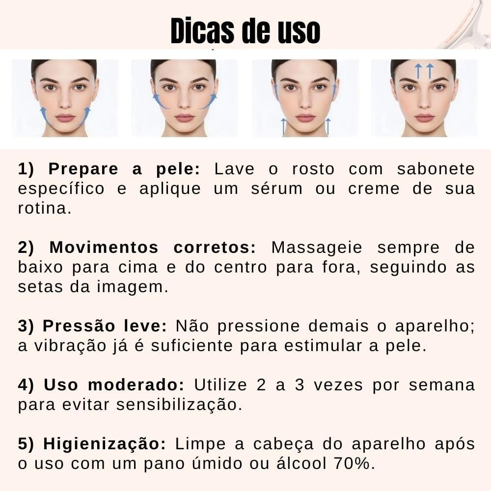 Massageador Facial LED 3 Modos, Aparelho Anti-Rugas para Rosto e Pescoço, Tratamento Estético Vibratório com Luz LED Para Elevação da Pele Lifting Bivolt Recarregável (Preto).