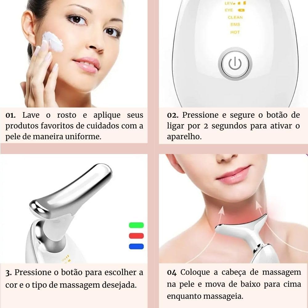 Massageador Facial LED 3 Modos, Aparelho Anti-Rugas para Rosto e Pescoço, Tratamento Estético Vibratório com Luz LED Para Elevação da Pele Lifting Bivolt Recarregável (Preto).