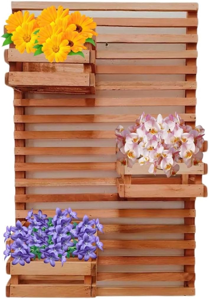 Jardim Vertical 60 x 40 Painel Madeira 3 Cachepots 18x20