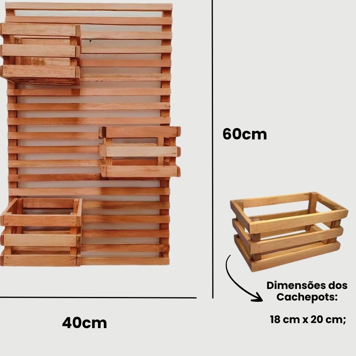 Jardim Vertical 60 x 40 Painel Madeira 3 Cachepots 18x20
