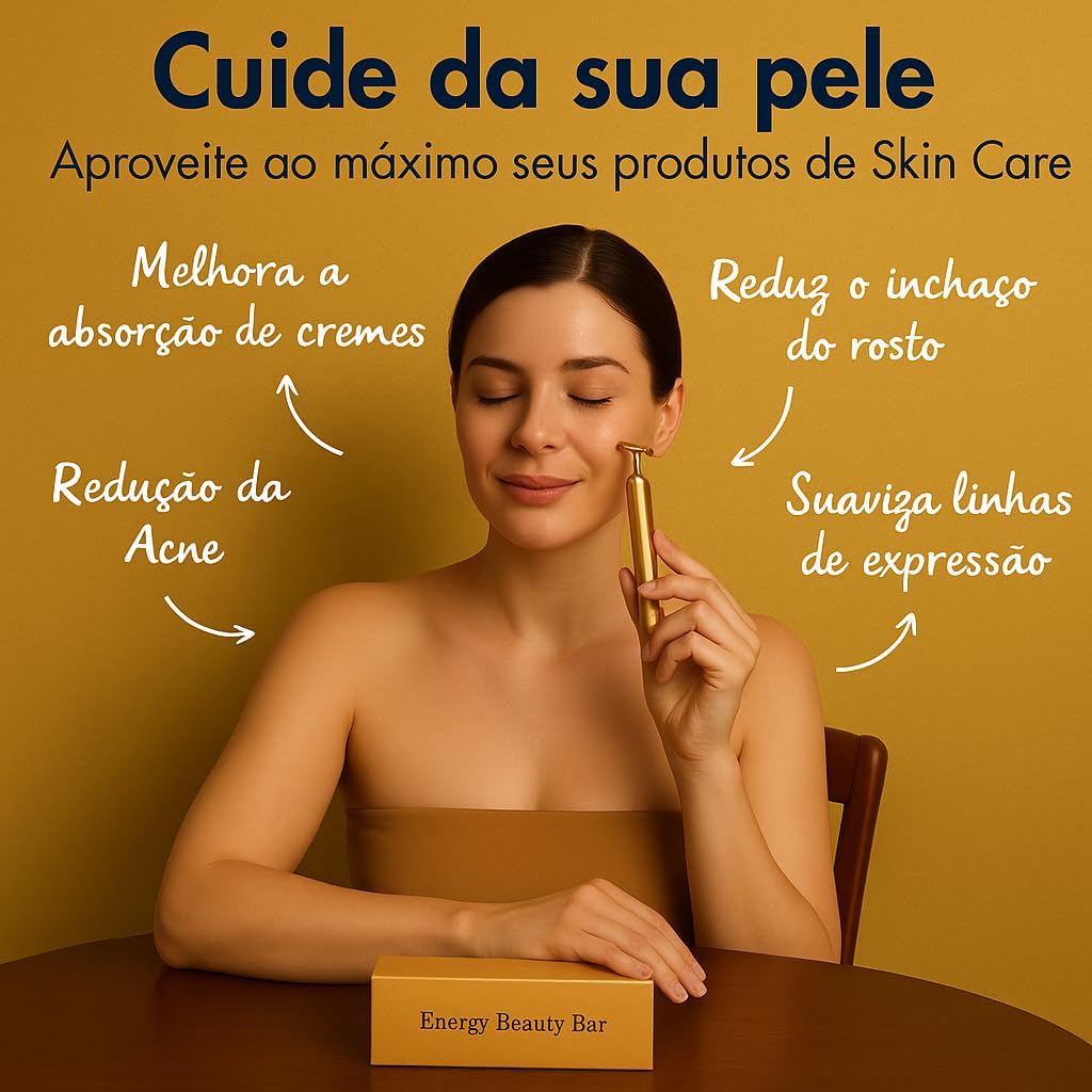 Massageador Facial Gold Efeito Lifting - Redução de Rugas e Linhas de Expressão - Diminui Papada, Olheiras e Inchaço - Estimula Colágeno e Absorção de Cremes