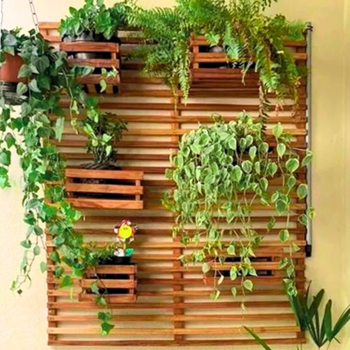 Jardim Vertical 60 x 40 Painel Madeira 3 Cachepots 18x20