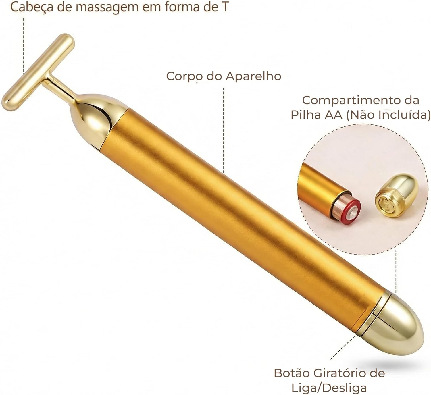 Massageador Facial Gold Efeito Lifting - Redução de Rugas e Linhas de Expressão - Diminui Papada, Olheiras e Inchaço - Estimula Colágeno e Absorção de Cremes
