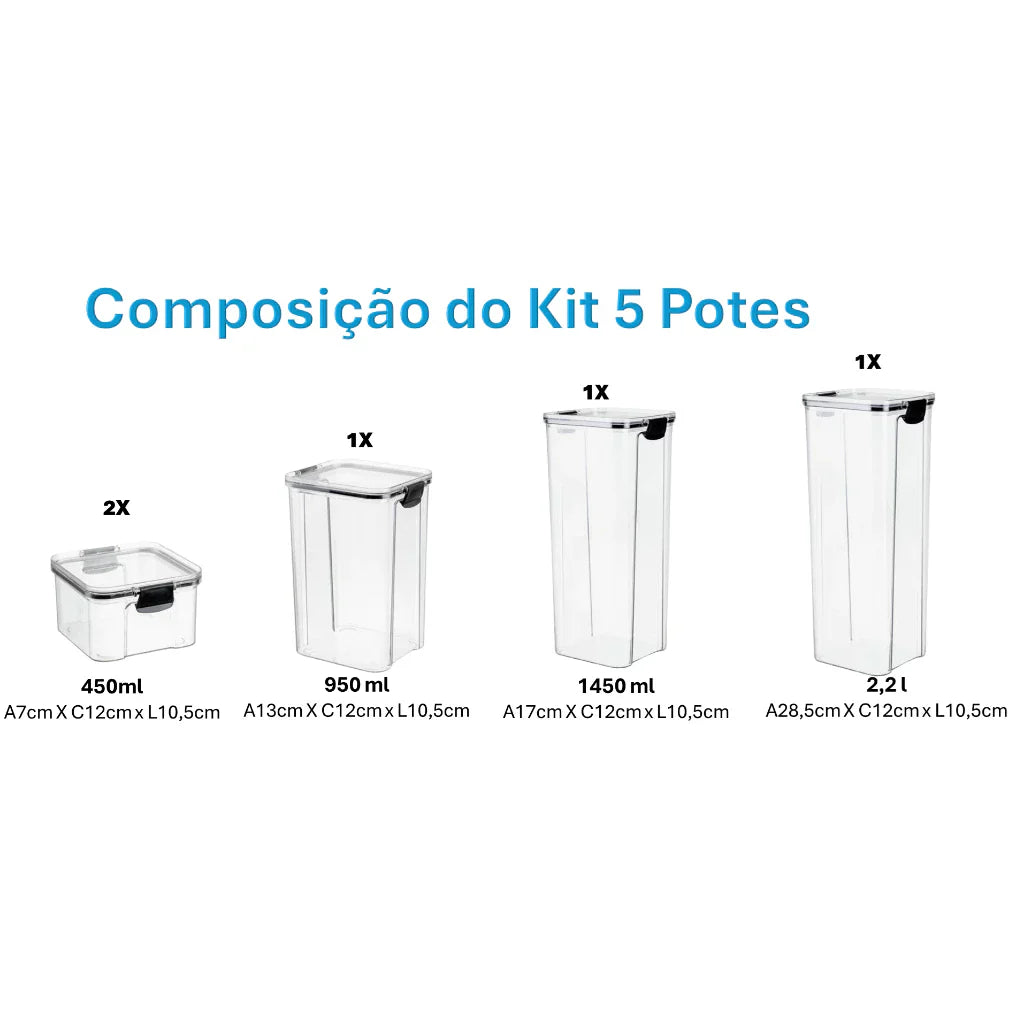 Kit com 5 Potes Herméticos com Trava e Alta Vedação