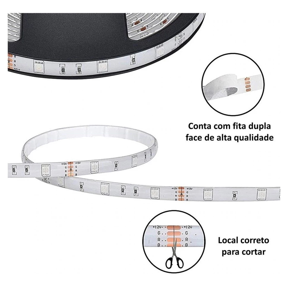 Fita LED RGB 5 Metros Colorida com Controle Remoto e Fonte 12V