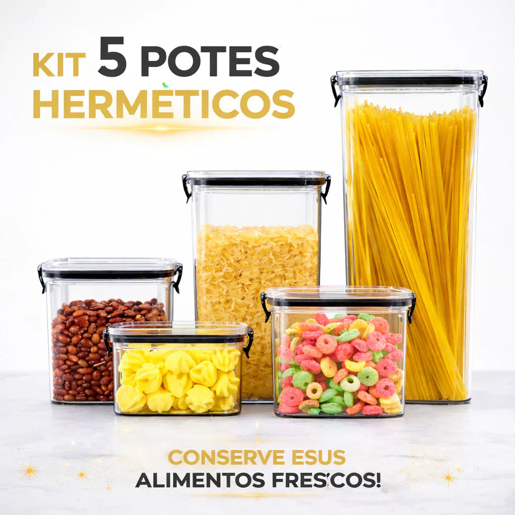 Kit com 5 Potes Herméticos com Trava e Alta Vedação