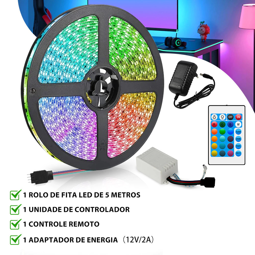 Fita LED RGB 5 Metros Colorida com Controle Remoto e Fonte 12V