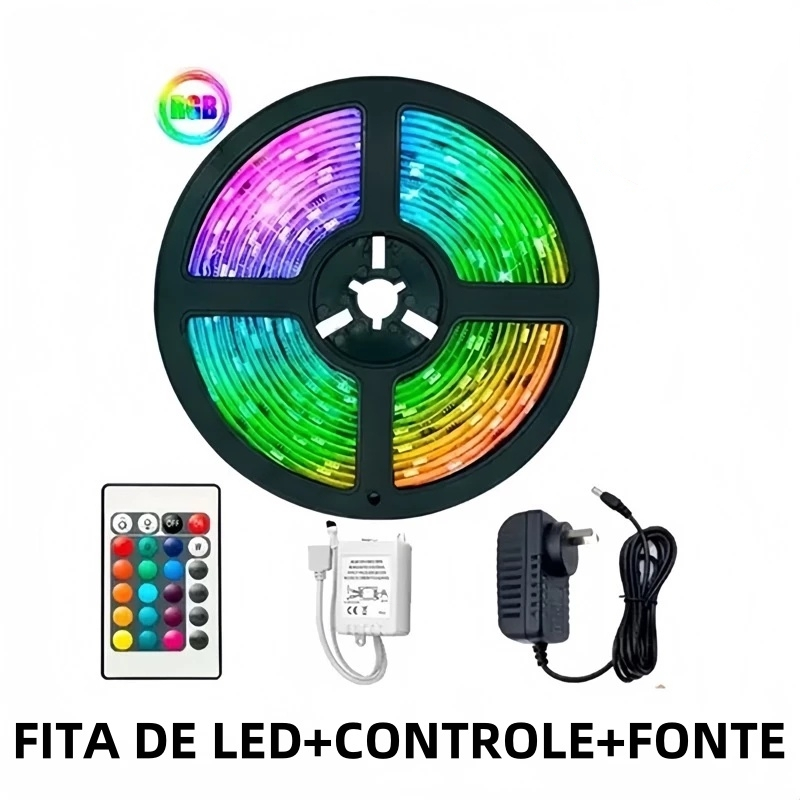 Fita LED RGB 5 Metros Colorida com Controle Remoto e Fonte 12V