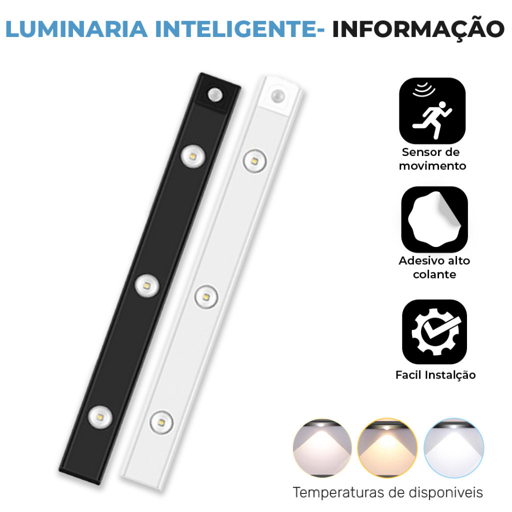 Luminária LED com Sensor de Movimento Recarregável USB 3 Cores