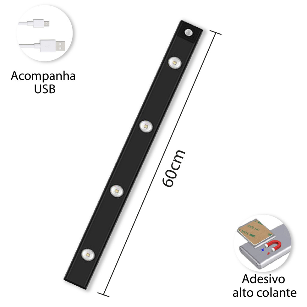 Luminária LED com Sensor de Movimento Recarregável USB 3 Cores