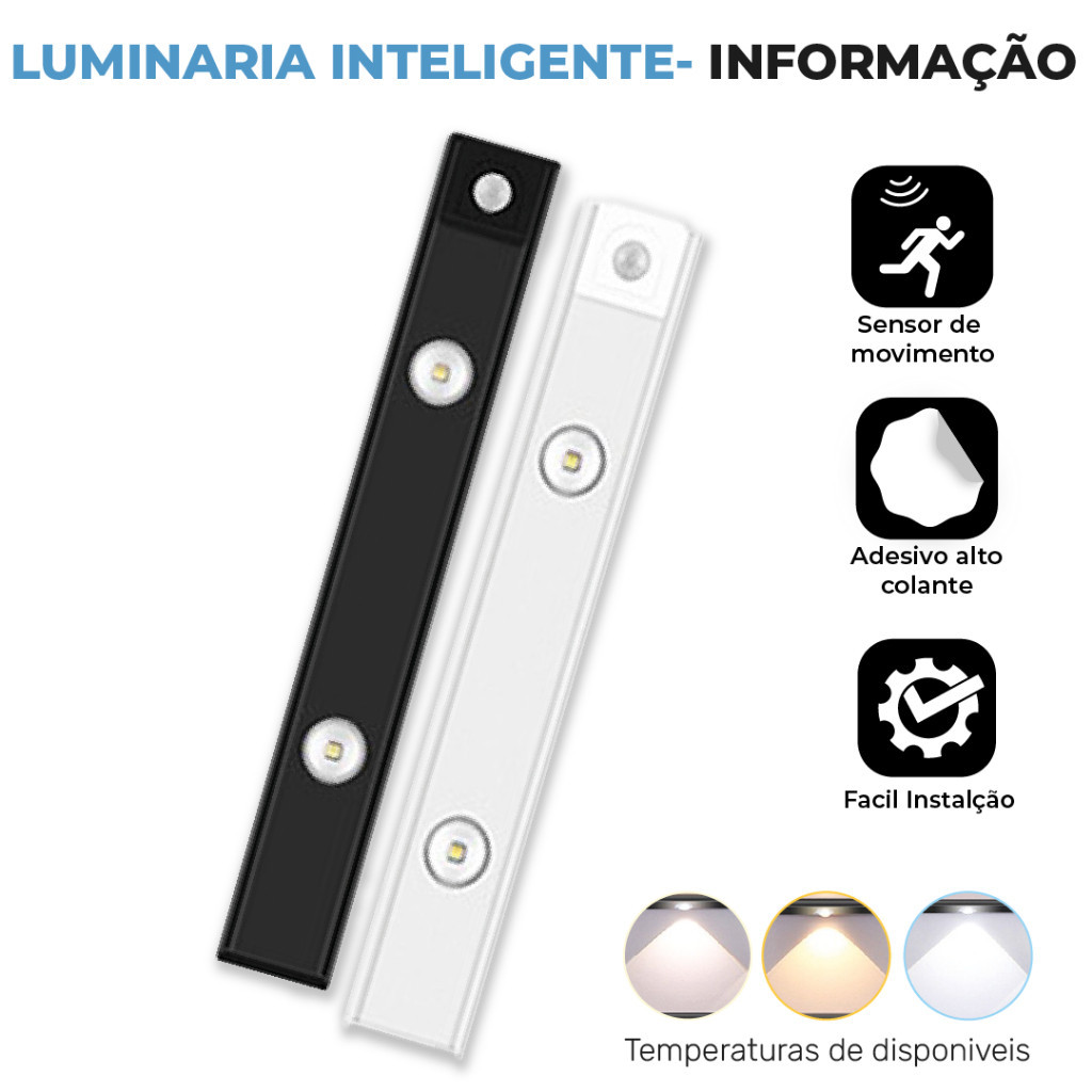 Luminária LED com Sensor de Movimento Recarregável USB 3 Cores