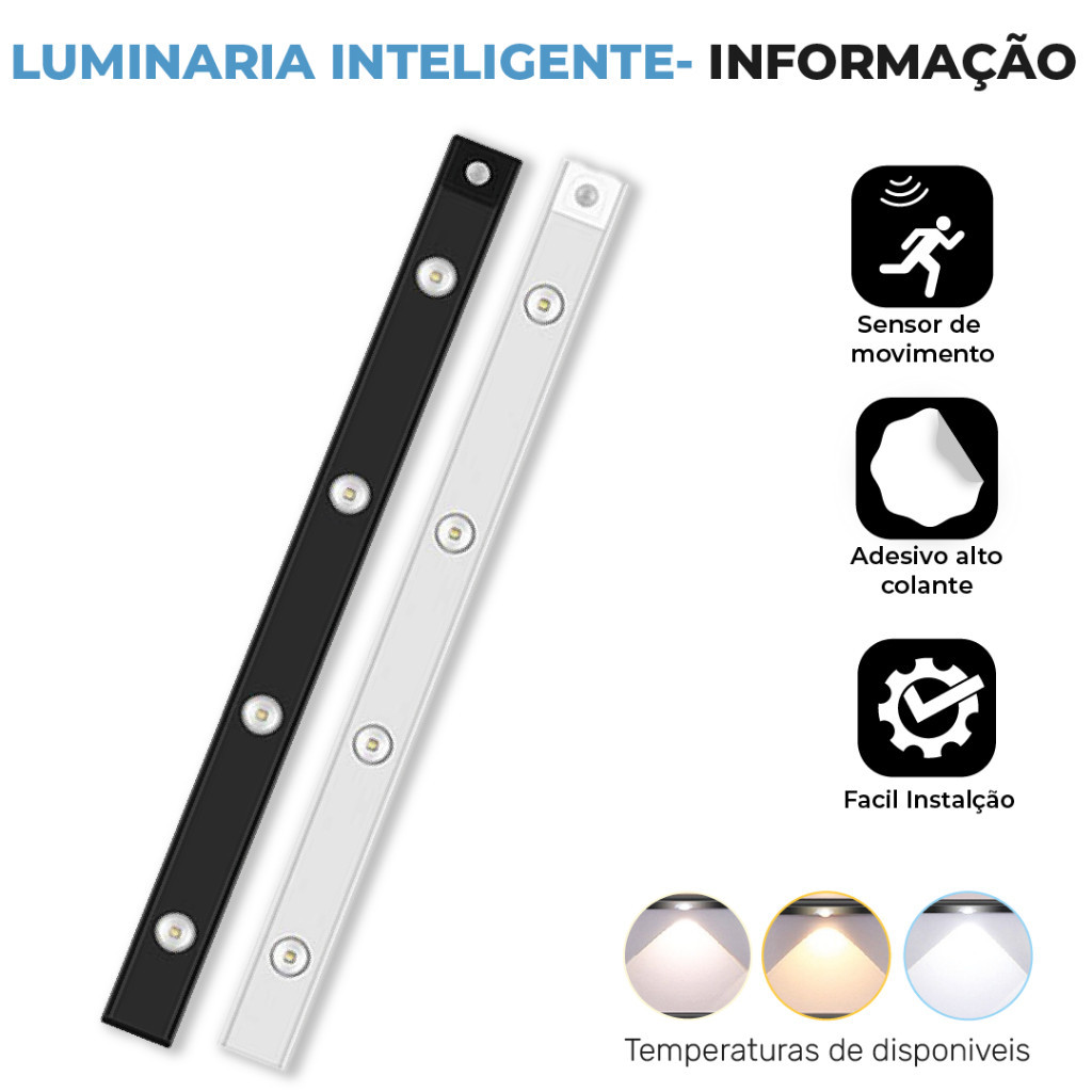 Luminária LED com Sensor de Movimento Recarregável USB 3 Cores