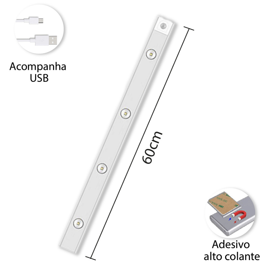 Luminária LED com Sensor de Movimento Recarregável USB 3 Cores